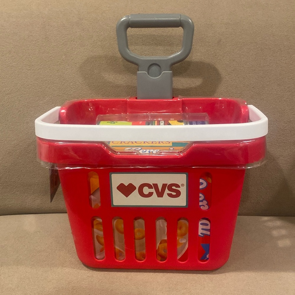 Kids CVS plastic shopping cart with pretend food NWT, rolls & can be pulled